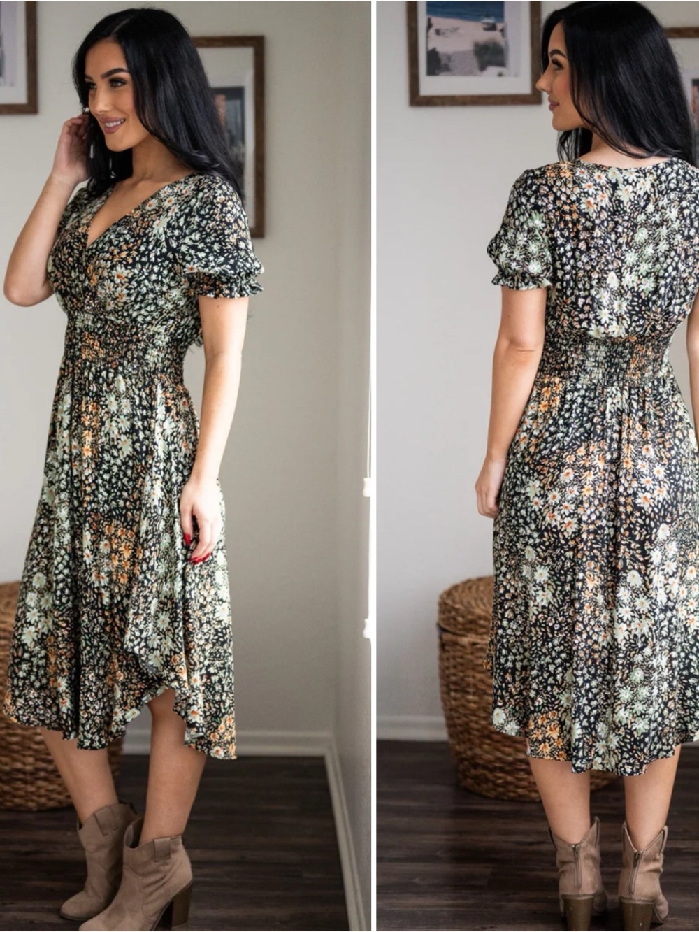 SOZY Hazel Midi Dress Black Floral S Puff Sleeve Smock Cottagecore Garden Fairy